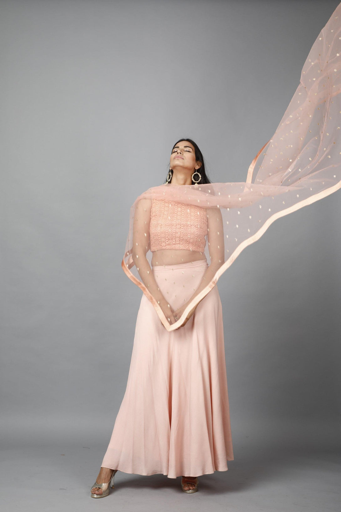 Women's Peach Cotton Lace Crop Top, Moss Crepe Flare Skirt And Embroidered Net Dupatta - MIRACOLOS by Ruchi - Indiakreations