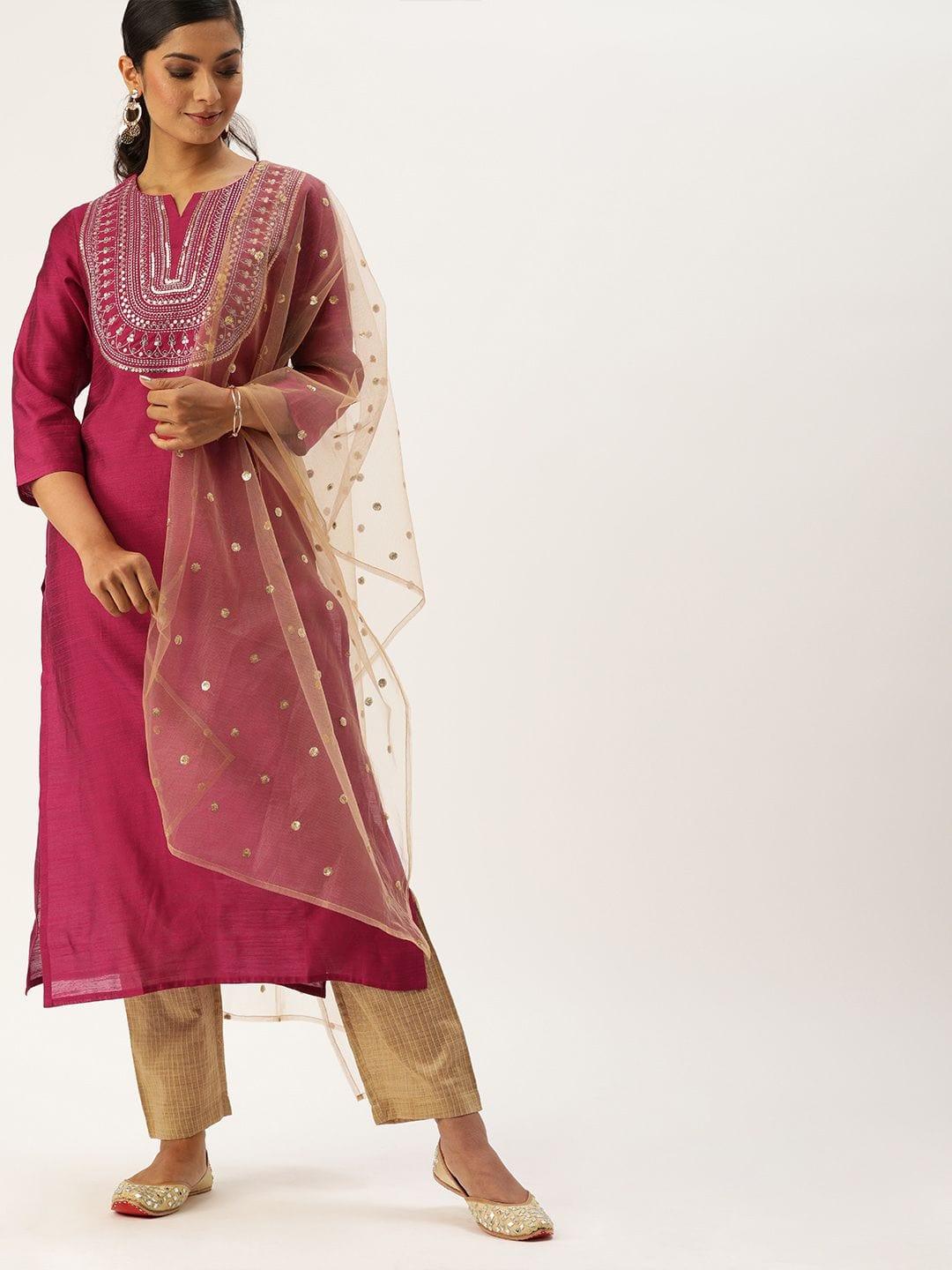 Magenta Pink & Beige Sequined Yoke Design Kurta With Trousers & Dupatta - Indiakreations