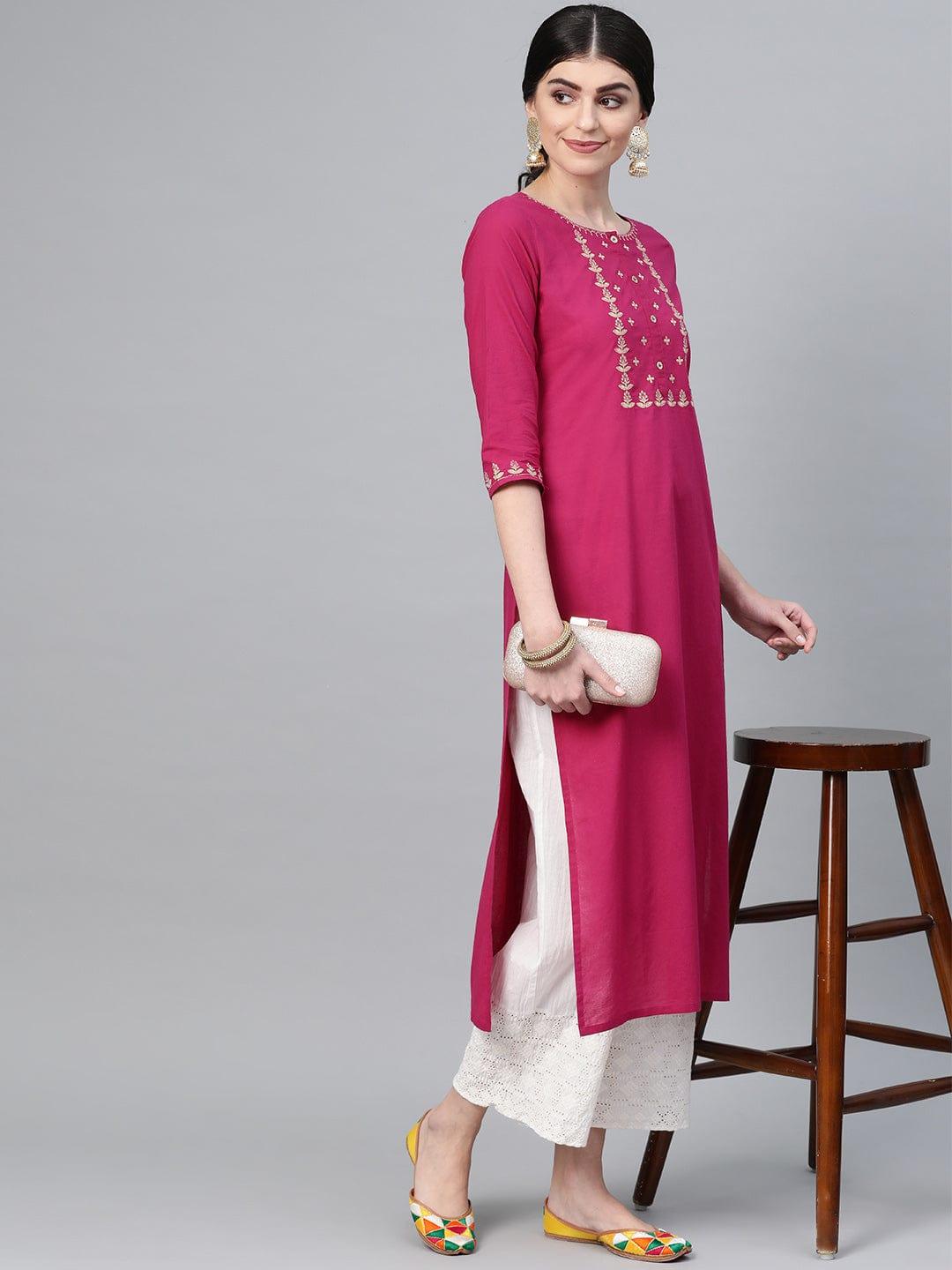 Wine Straight Kurta With Floral Zari Embroidery On Yoke And Sleeves - Indiakreations