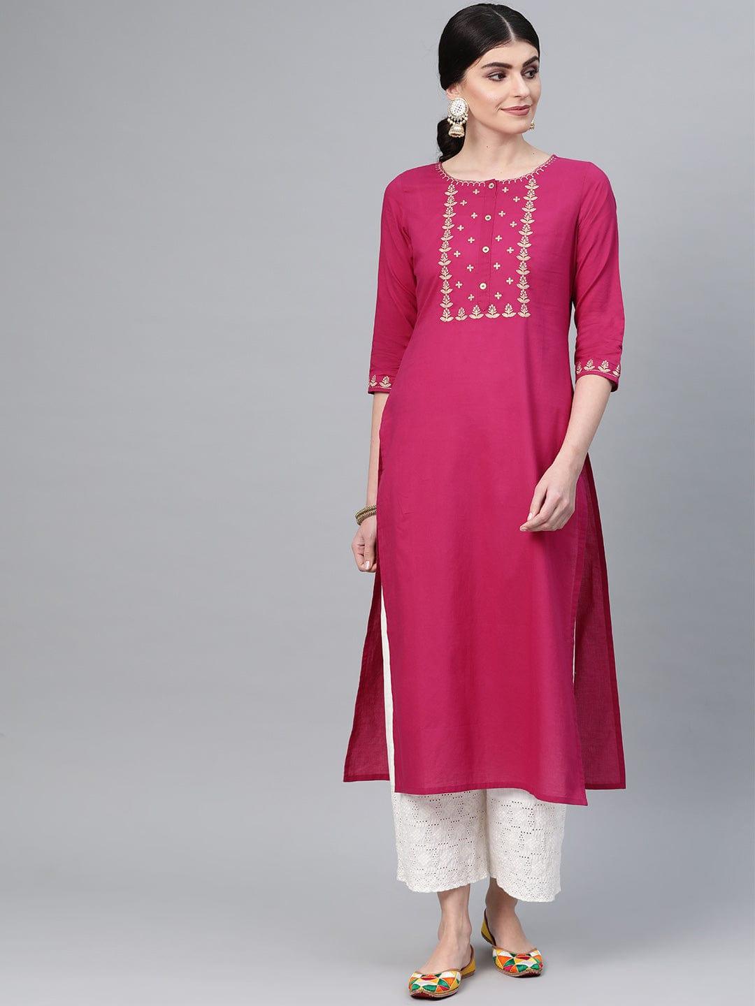 Wine Straight Kurta With Floral Zari Embroidery On Yoke And Sleeves - Indiakreations