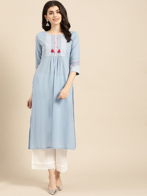 Women's Powder Blue Straight Kurta - Varanga