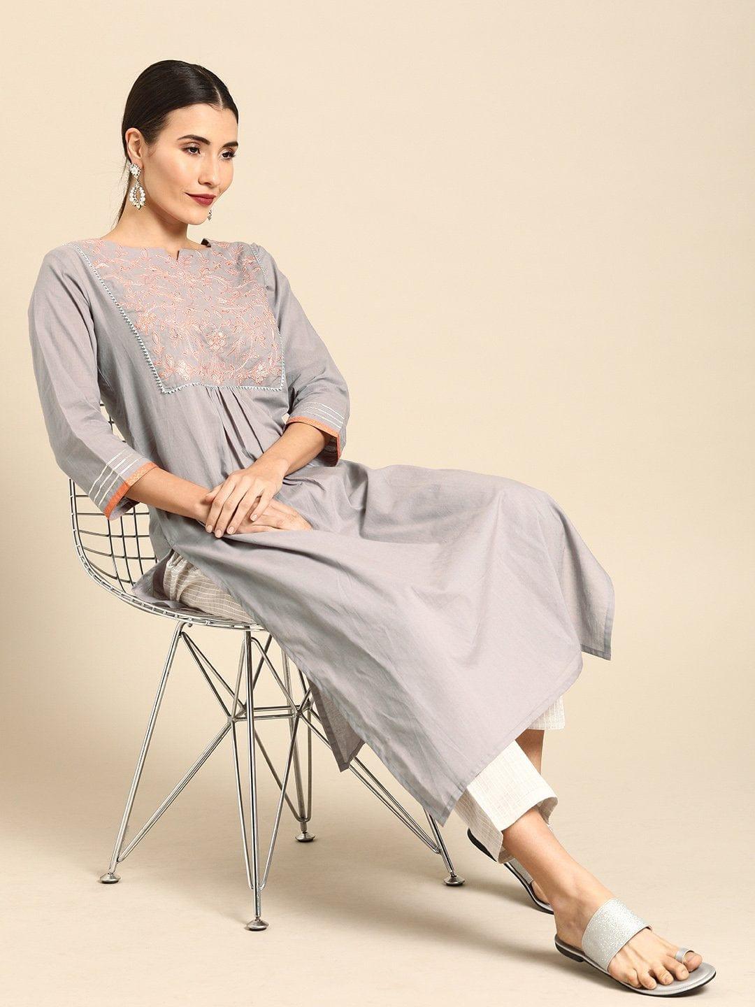 Grey Embroidered Straight Kurta - Indiakreations