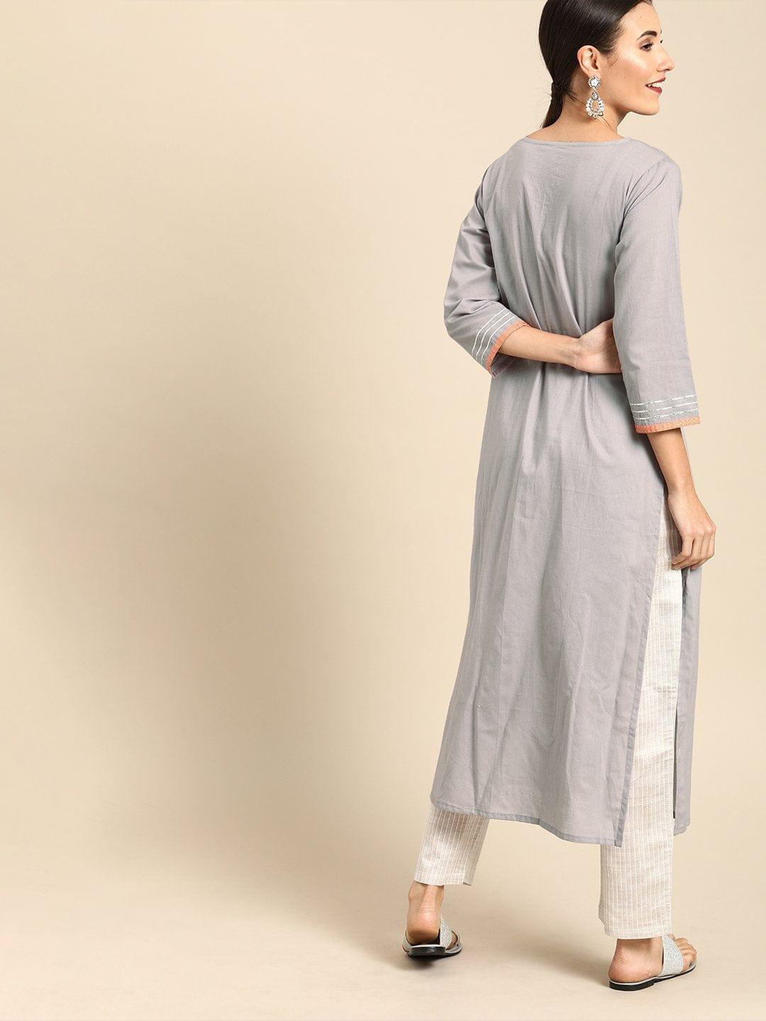 Grey Embroidered Straight Kurta - Indiakreations