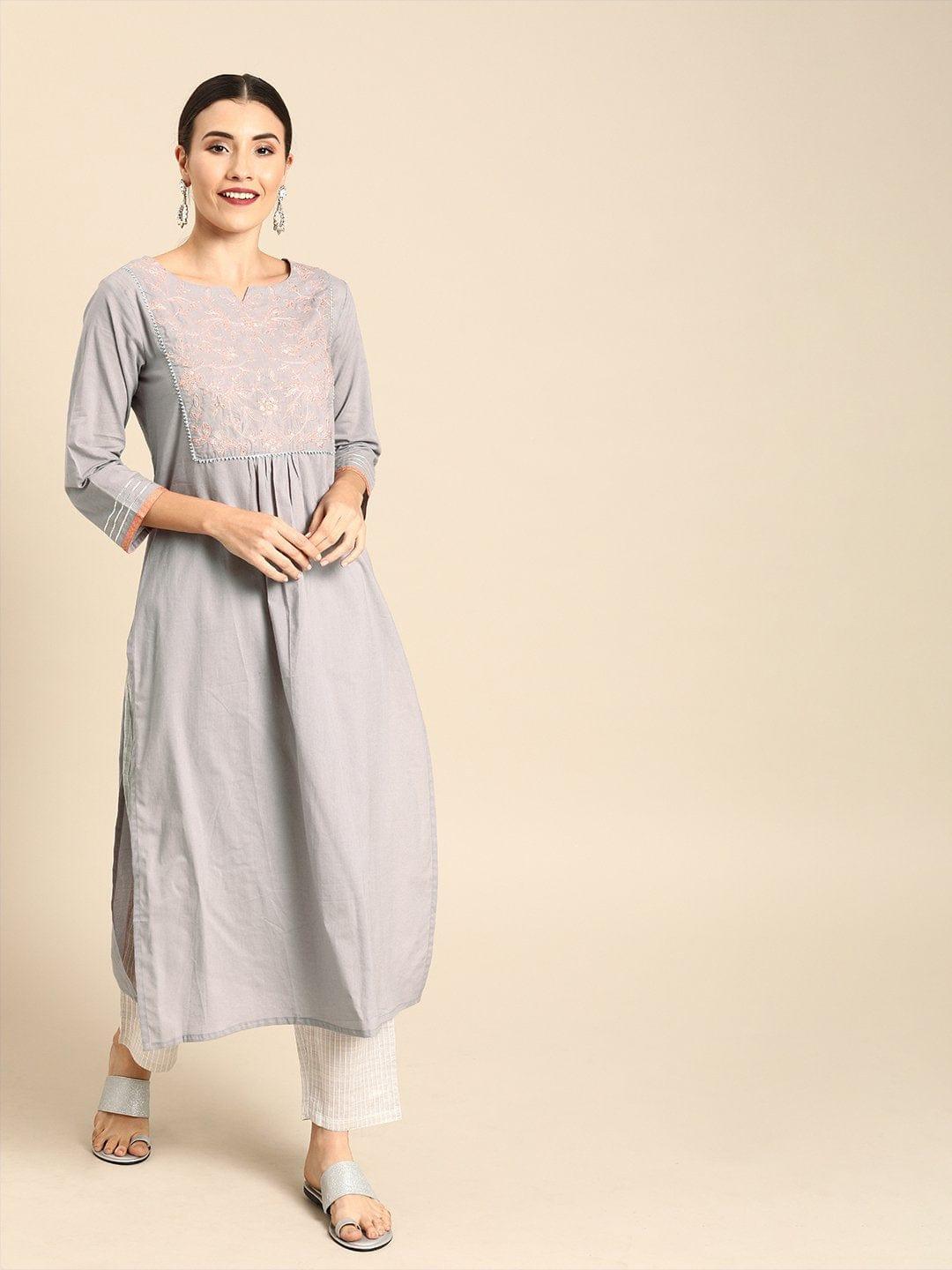 Grey Embroidered Straight Kurta - Indiakreations