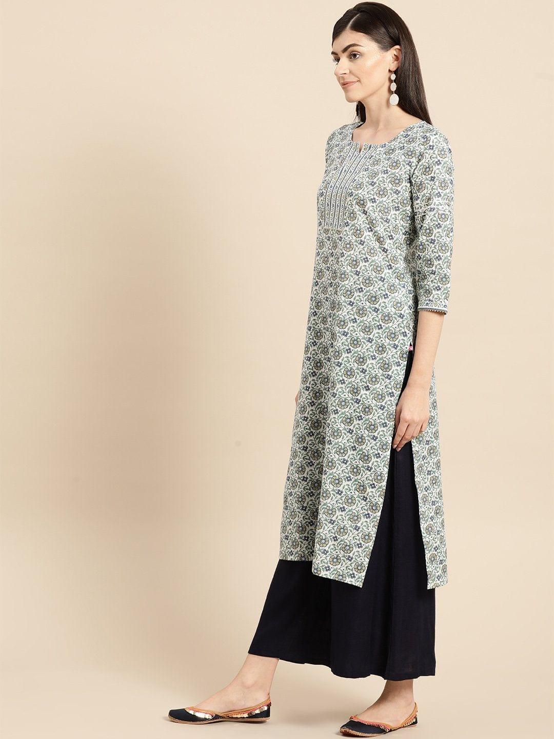 White Floral Printed Kurta - Indiakreations