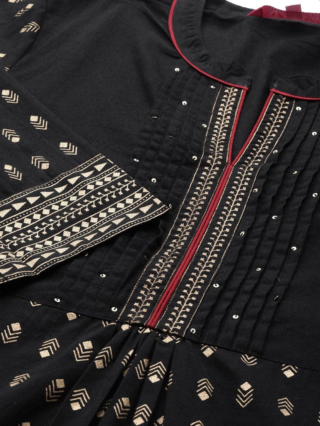 Black And Gold Foil Printed Embellished Straight Kurta With All Over Elasticated Palazzos. - Indiakreations