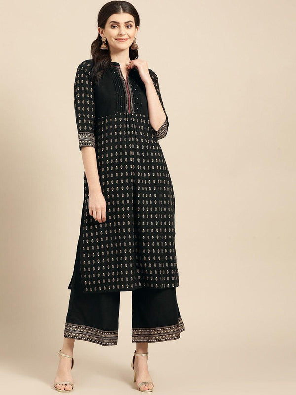 Black And Gold Foil Printed Embellished Straight Kurta With All Over Elasticated Palazzos. - Indiakreations