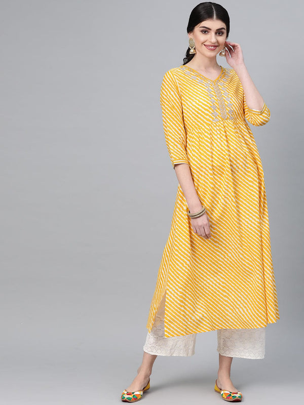 Women's Yellow & Off White Leheriya Print A-Line Kurta - Varanga