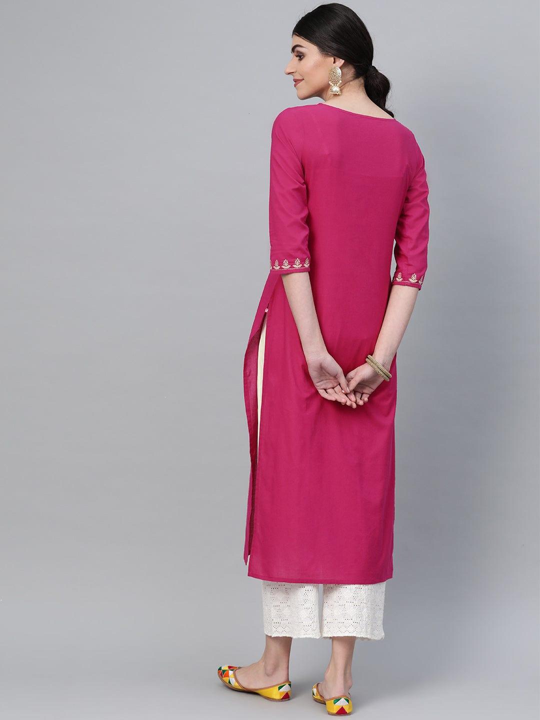 Wine Straight Kurta With Floral Zari Embroidery On Yoke And Sleeves - Indiakreations