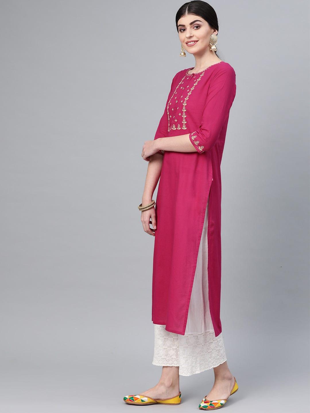 Wine Straight Kurta With Floral Zari Embroidery On Yoke And Sleeves - Indiakreations