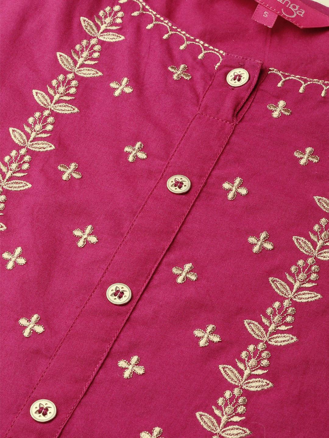 Wine Straight Kurta With Floral Zari Embroidery On Yoke And Sleeves - Indiakreations