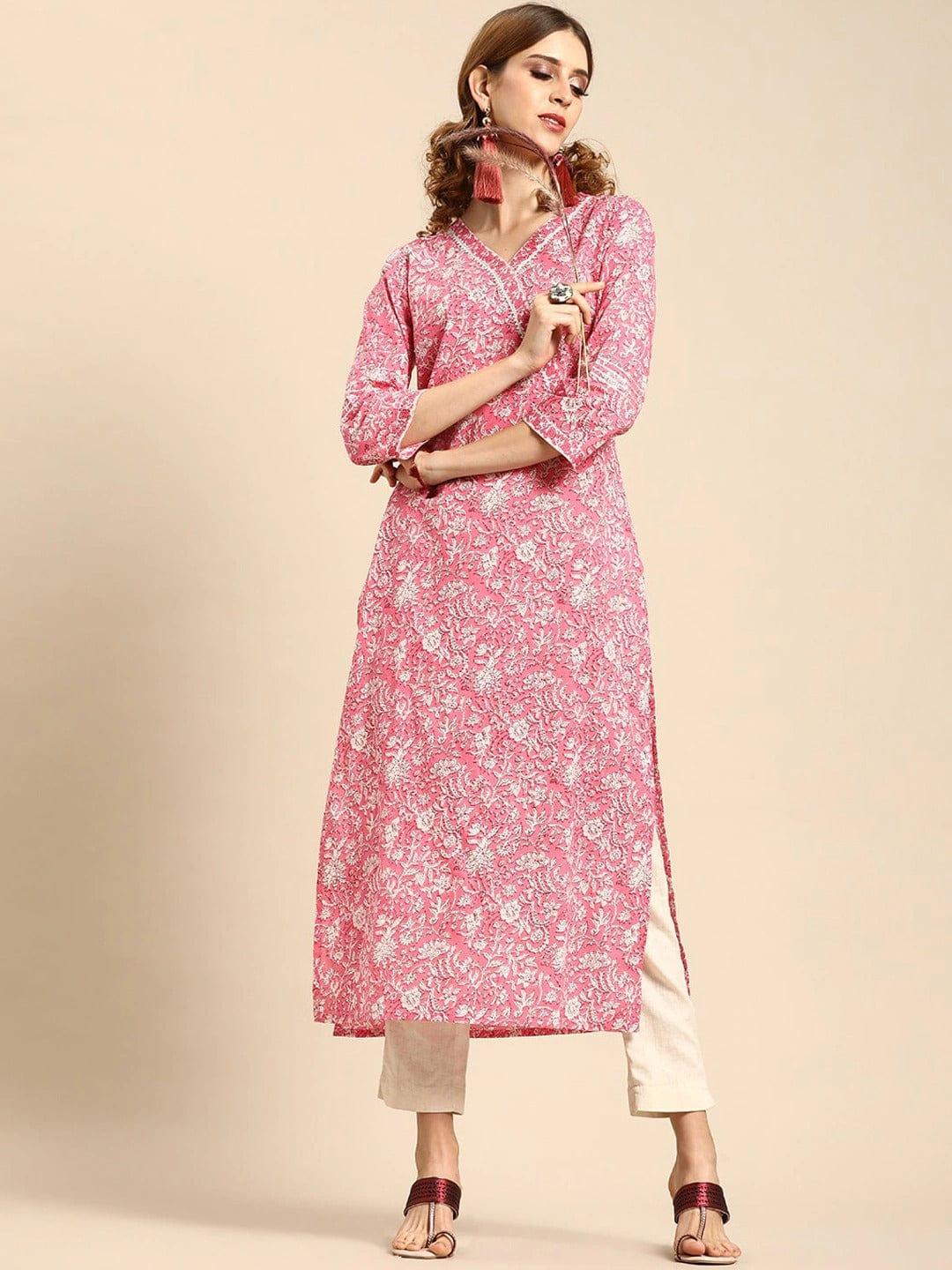 Varanga Women Pink Floral Printed Flared Sleeves Chikankari Kurta - Indiakreations