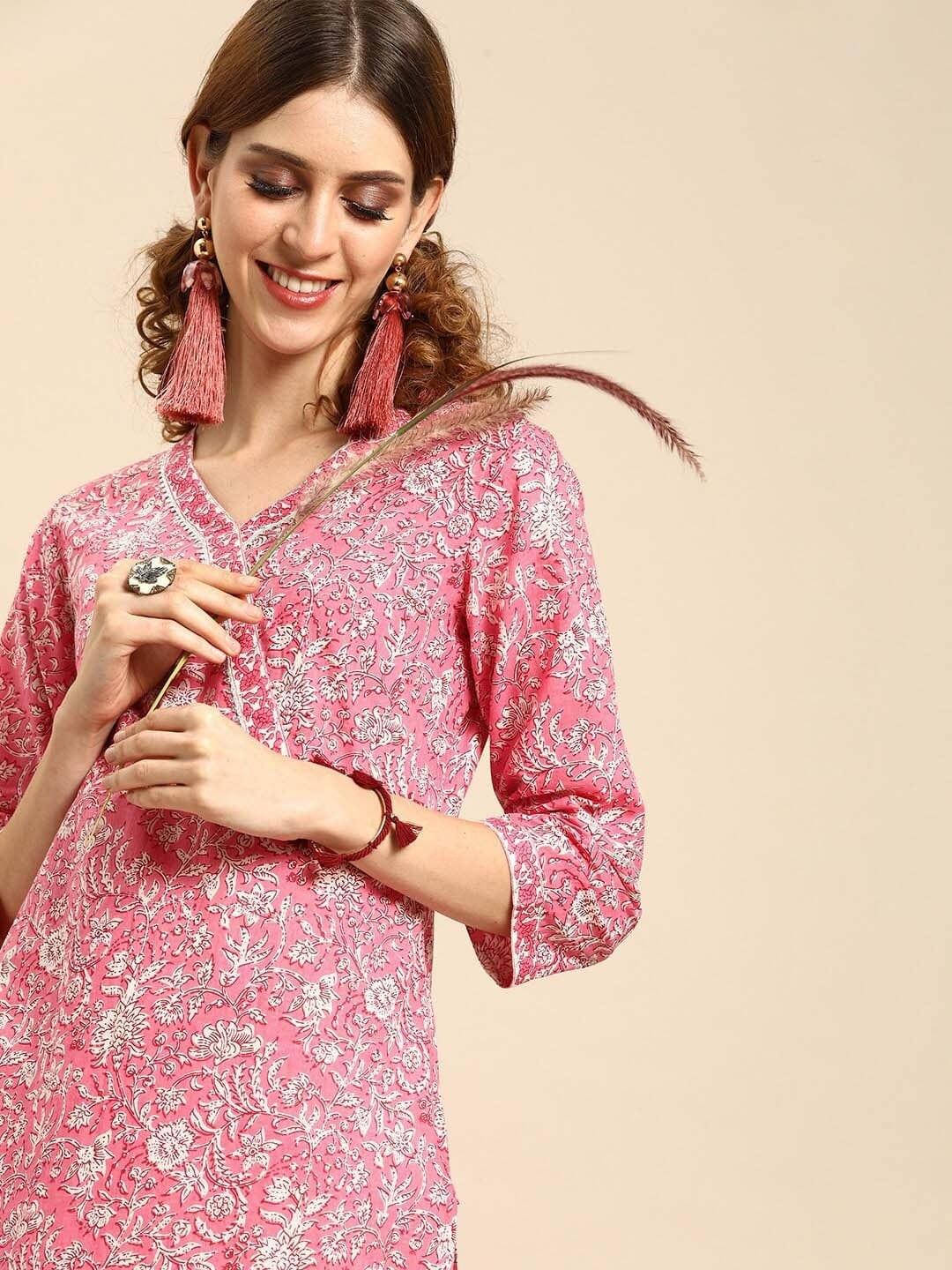 Varanga Women Pink Floral Printed Flared Sleeves Chikankari Kurta - Indiakreations