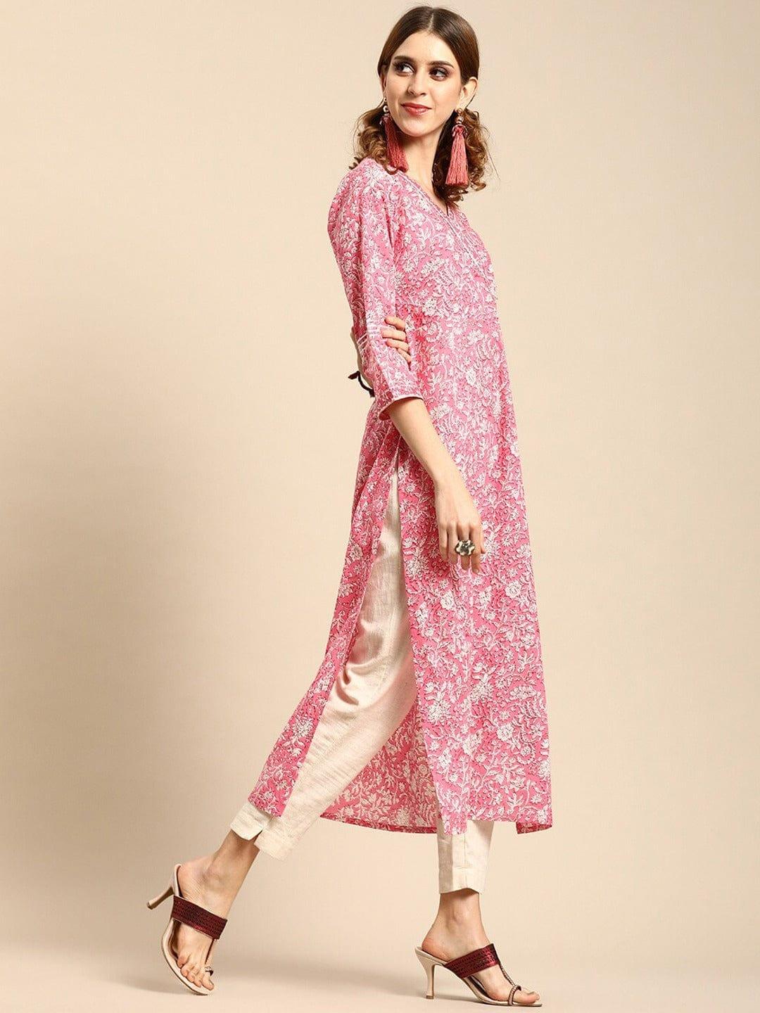 Varanga Women Pink Floral Printed Flared Sleeves Chikankari Kurta - Indiakreations