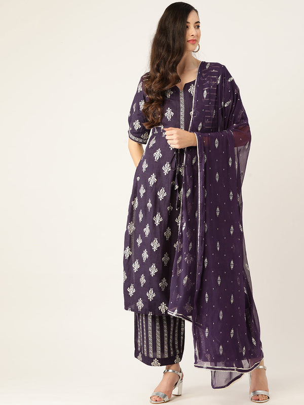 Women's Purpal Color Rayon Blend Printed Kurta Sharara With Dupatta - VAABA