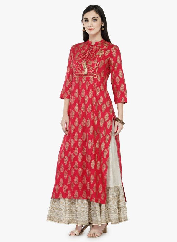 Women's Coral Pink Printed Straight Kurta - Varanga