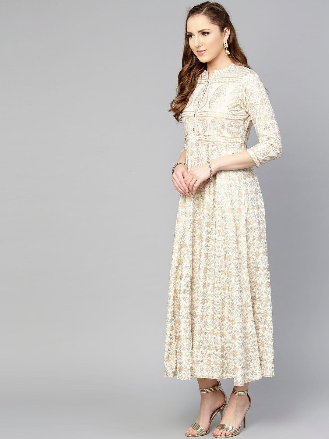 Off-White & Golden Printed Anarkali Kurta - Indiakreations