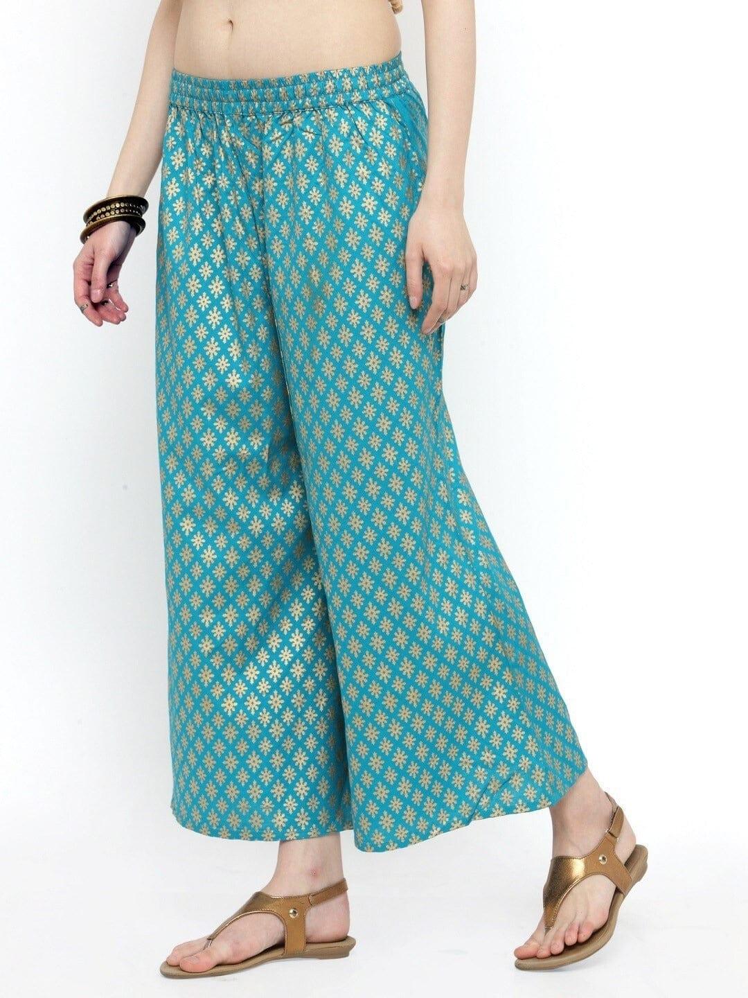 Varanga Women Teal Gold-Toned Ethnic Motifs Printed Ethnic Palazzos - Indiakreations