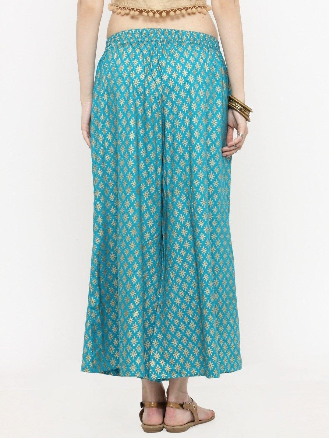 Varanga Women Teal Gold-Toned Ethnic Motifs Printed Ethnic Palazzos - Indiakreations