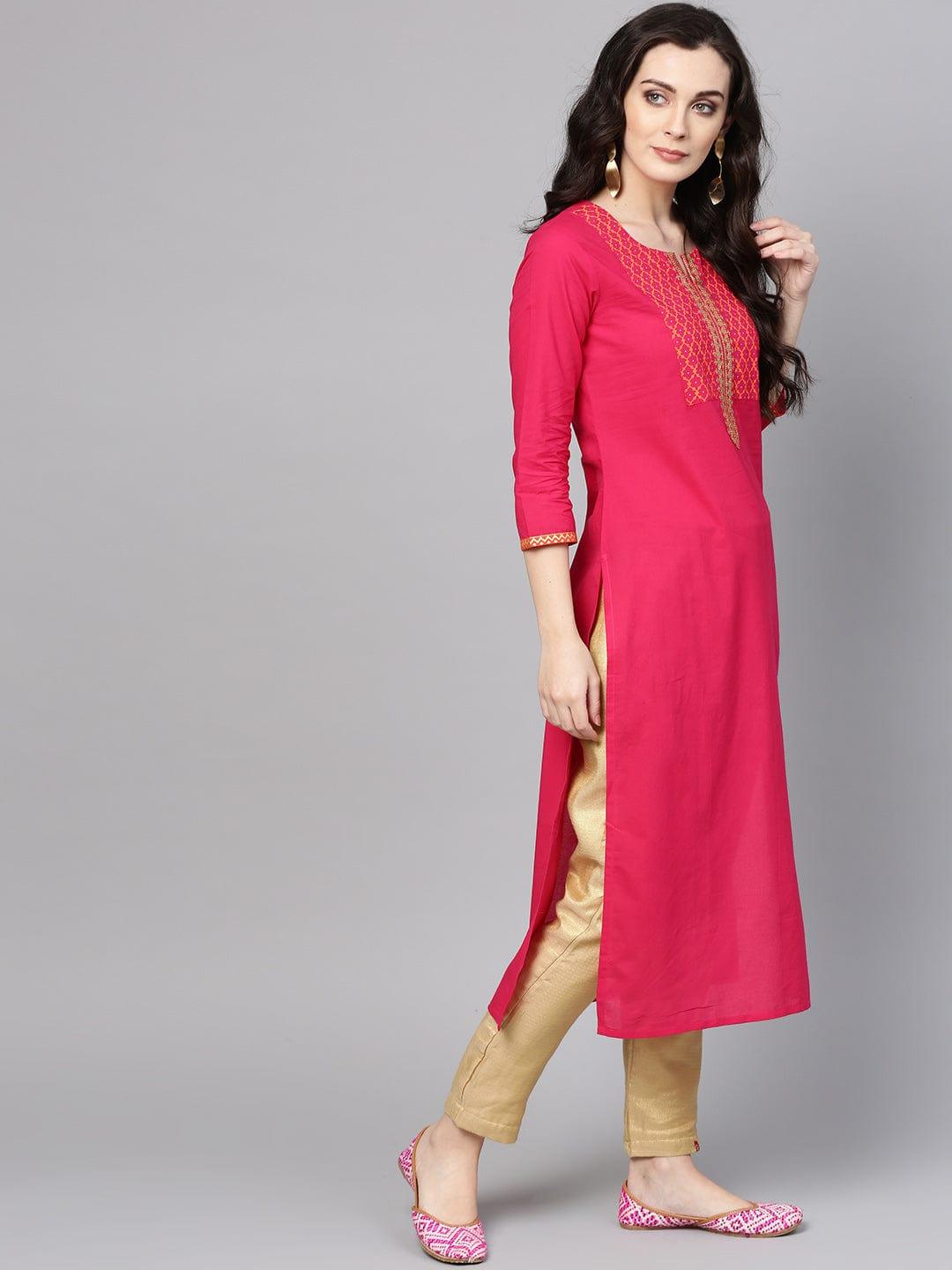 Varanga Women Pink Geometric Yoke Design Cotton Straight Kurta - Indiakreations