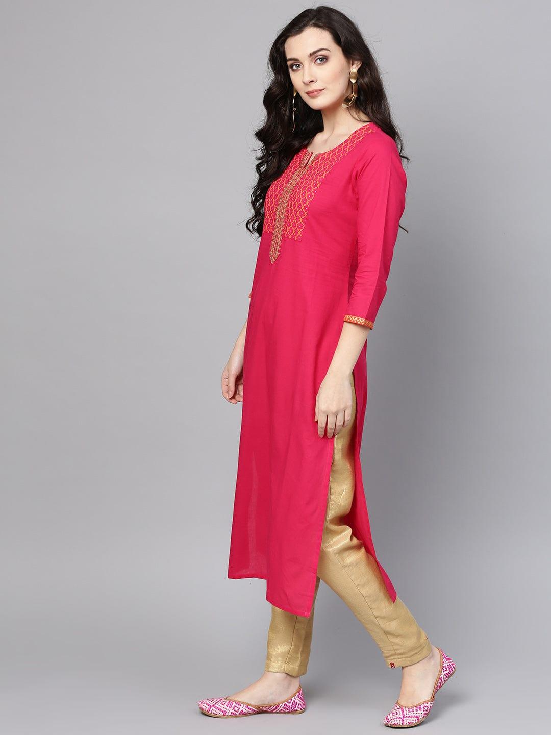 Varanga Women Pink Geometric Yoke Design Cotton Straight Kurta - Indiakreations