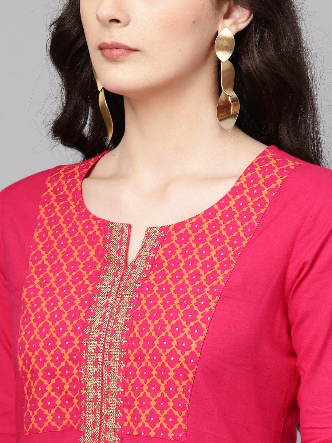 Varanga Women Pink Geometric Yoke Design Cotton Straight Kurta - Indiakreations