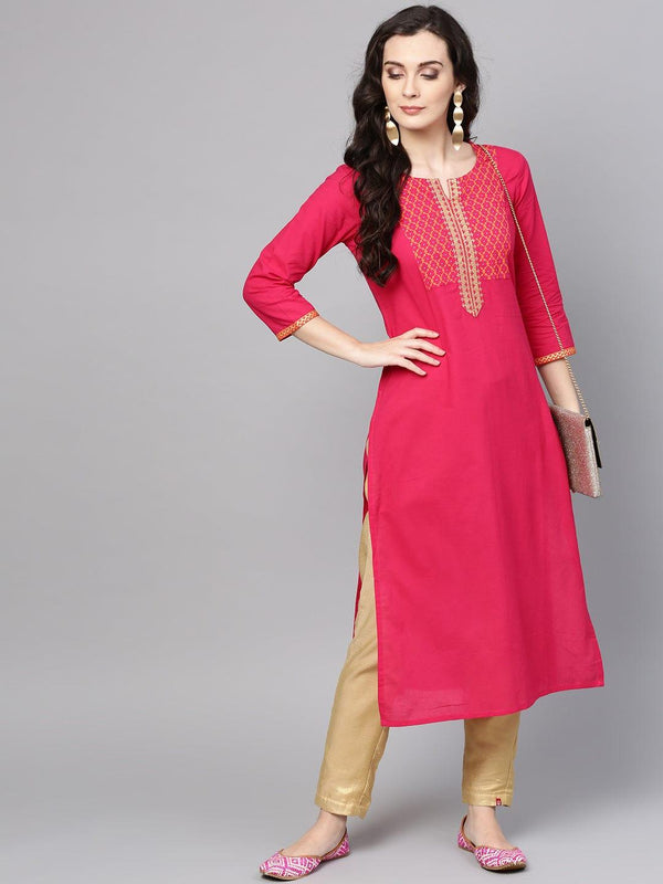 Varanga Women Pink Geometric Yoke Design Cotton Straight Kurta - Indiakreations