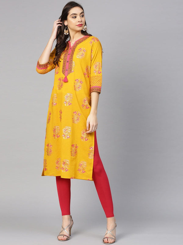 Women's Yellow & Pink Screen Print Straight Kurta - Varanga