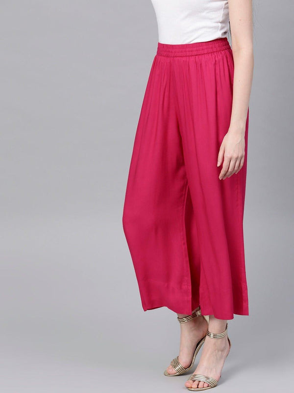 Fuchsia Solid Wide Leg Cropped Palazzos - Indiakreations