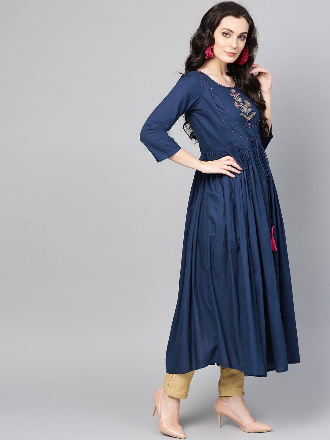 Navy Blue Pure Cotton Yoke Design Sequins Indigo Kurta - Indiakreations