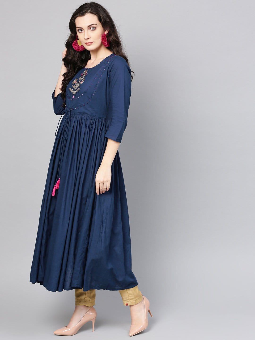 Navy Blue Pure Cotton Yoke Design Sequins Indigo Kurta - Indiakreations