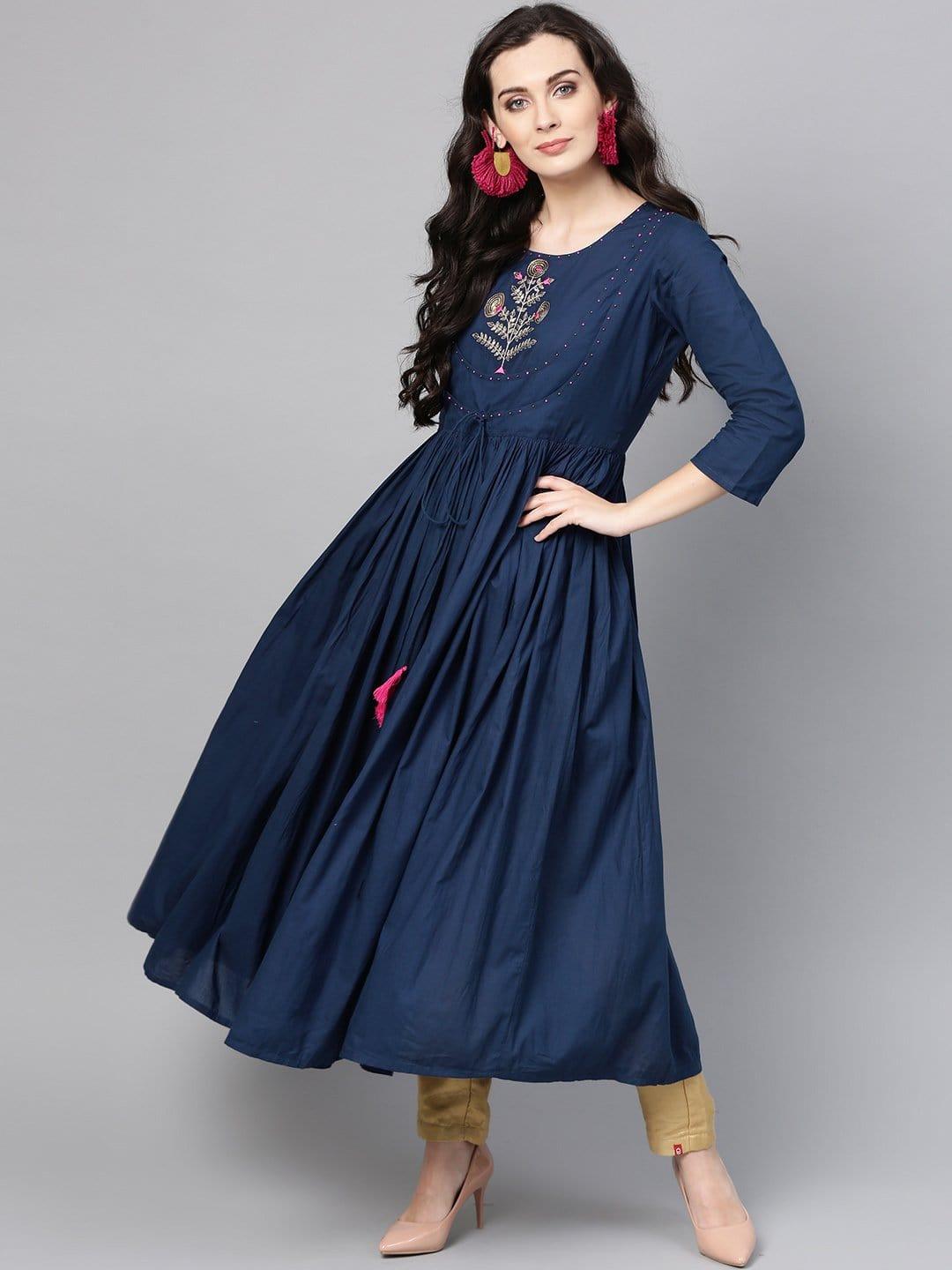 Navy Blue Pure Cotton Yoke Design Sequins Indigo Kurta - Indiakreations