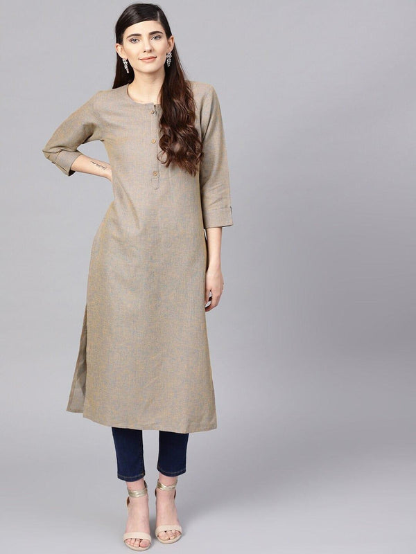 Varanga Women Brown Checked Keyhole Neck Mirror Work Kurta - Indiakreations