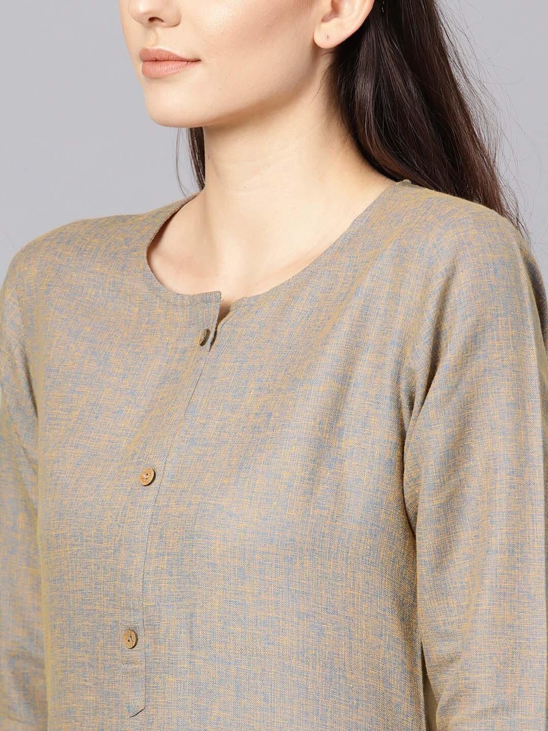 Varanga Women Brown Checked Keyhole Neck Mirror Work Kurta - Indiakreations