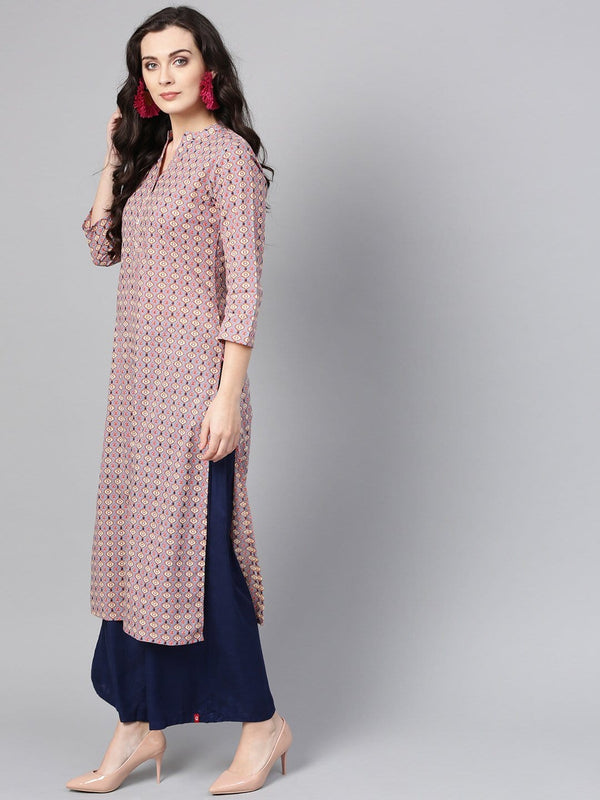 Women's Pink & Blue Printed Straight Kurta - Varanga