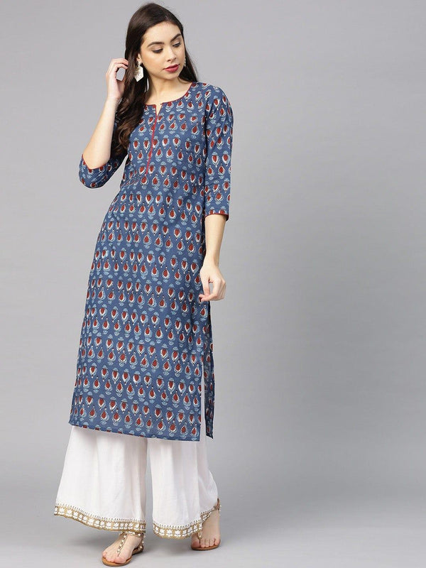 Navy Blue & Rust Brown Screen Print Straight Kurta - Indiakreations