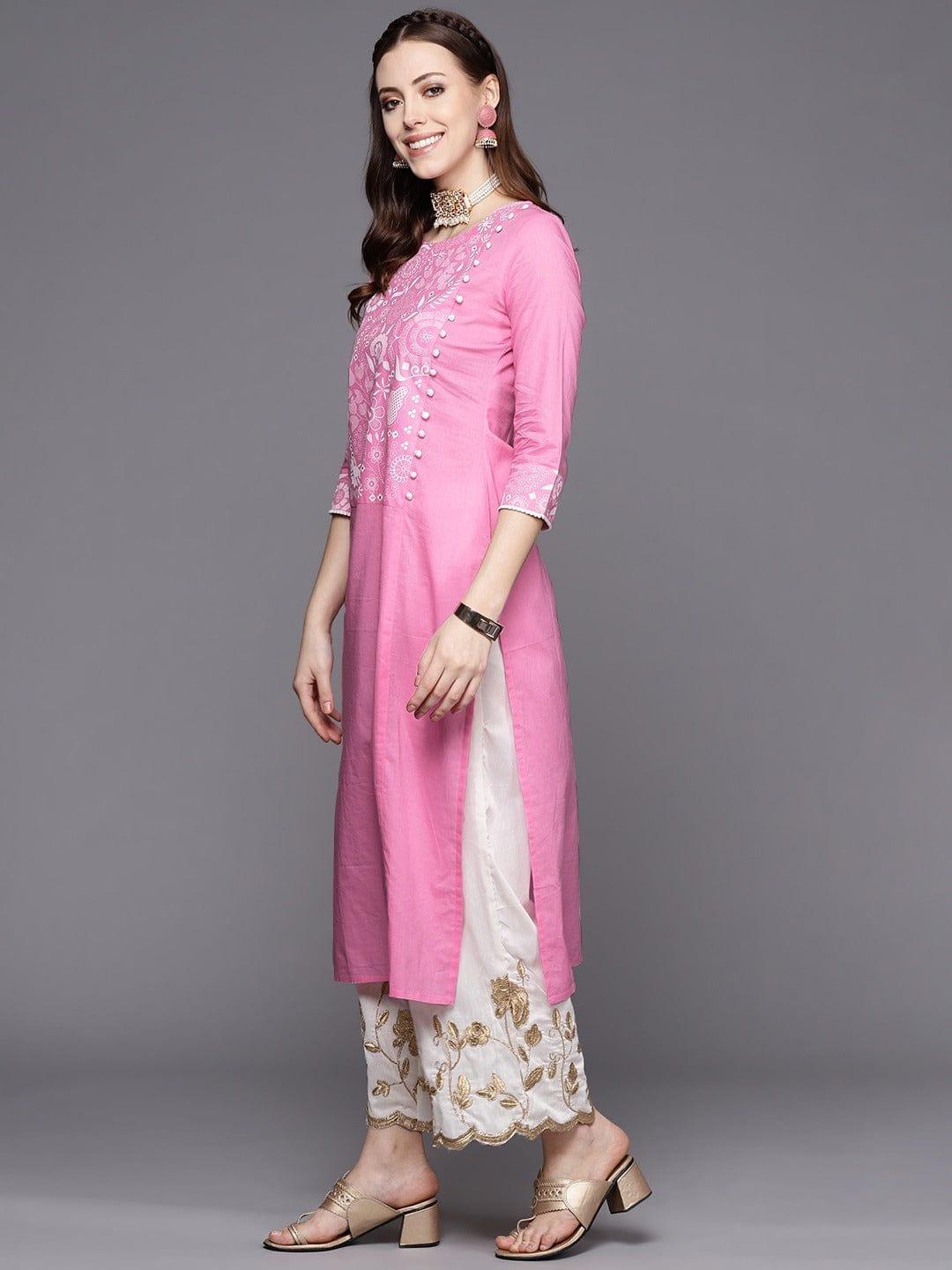 Varanga Women Pink Ethnic Motifs Yoke Design Kurta - Indiakreations