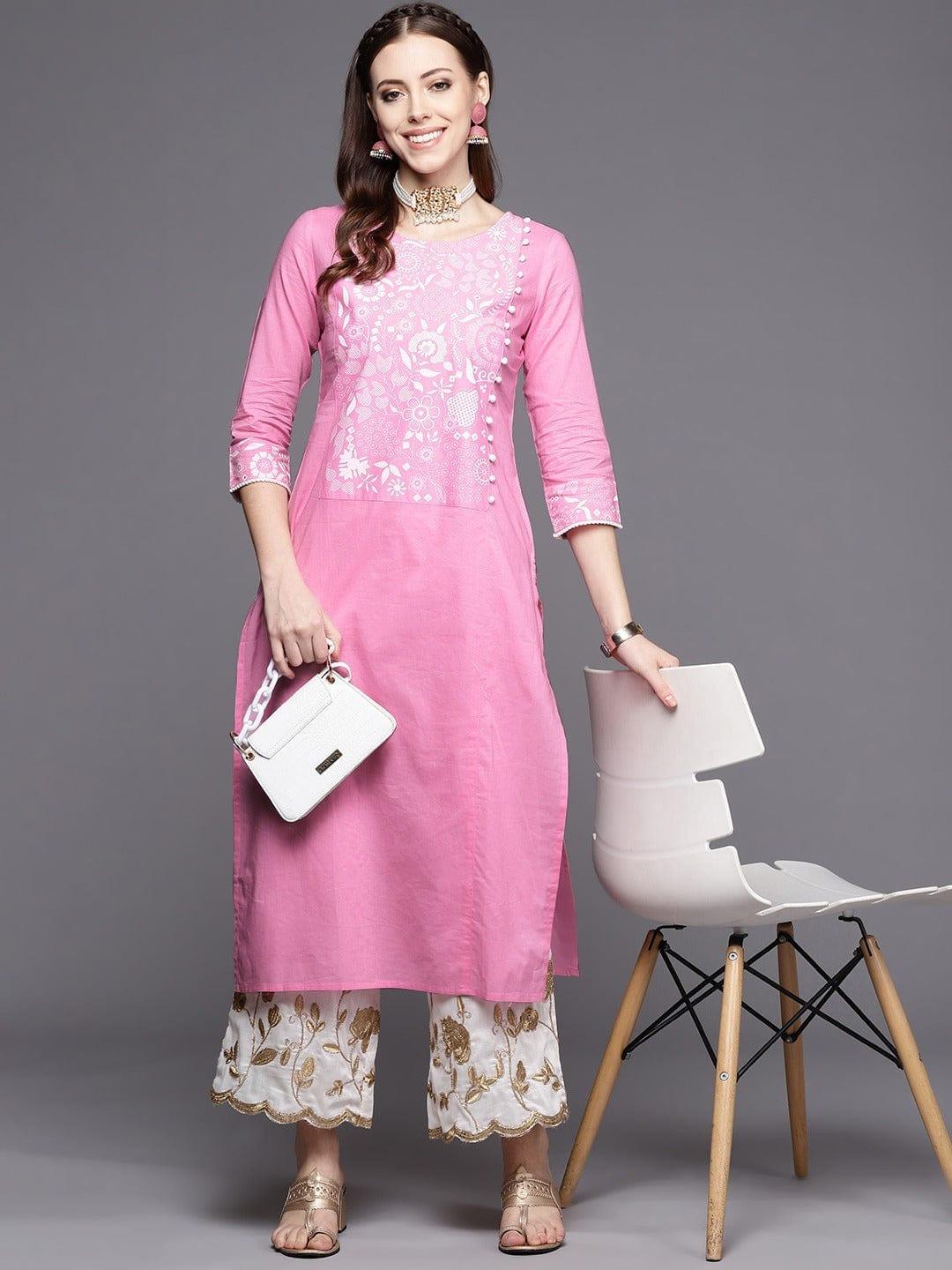 Varanga Women Pink Ethnic Motifs Yoke Design Kurta - Indiakreations