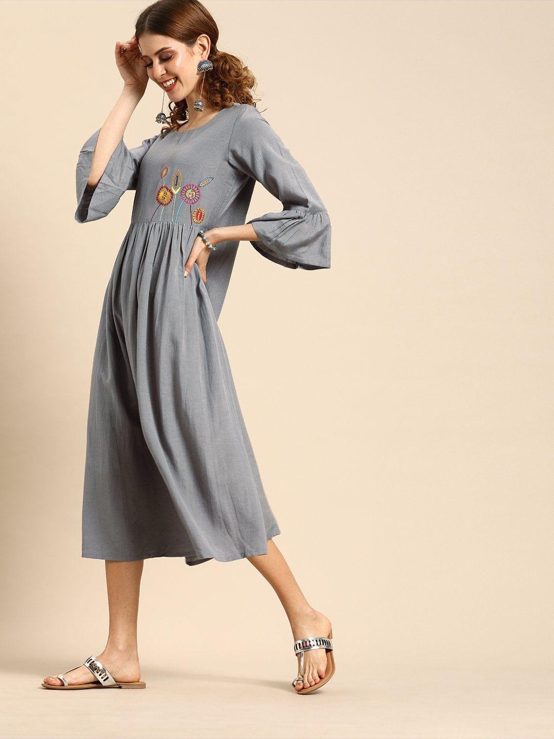 Grey With Multi Color Floral Embroidered Dress - Indiakreations