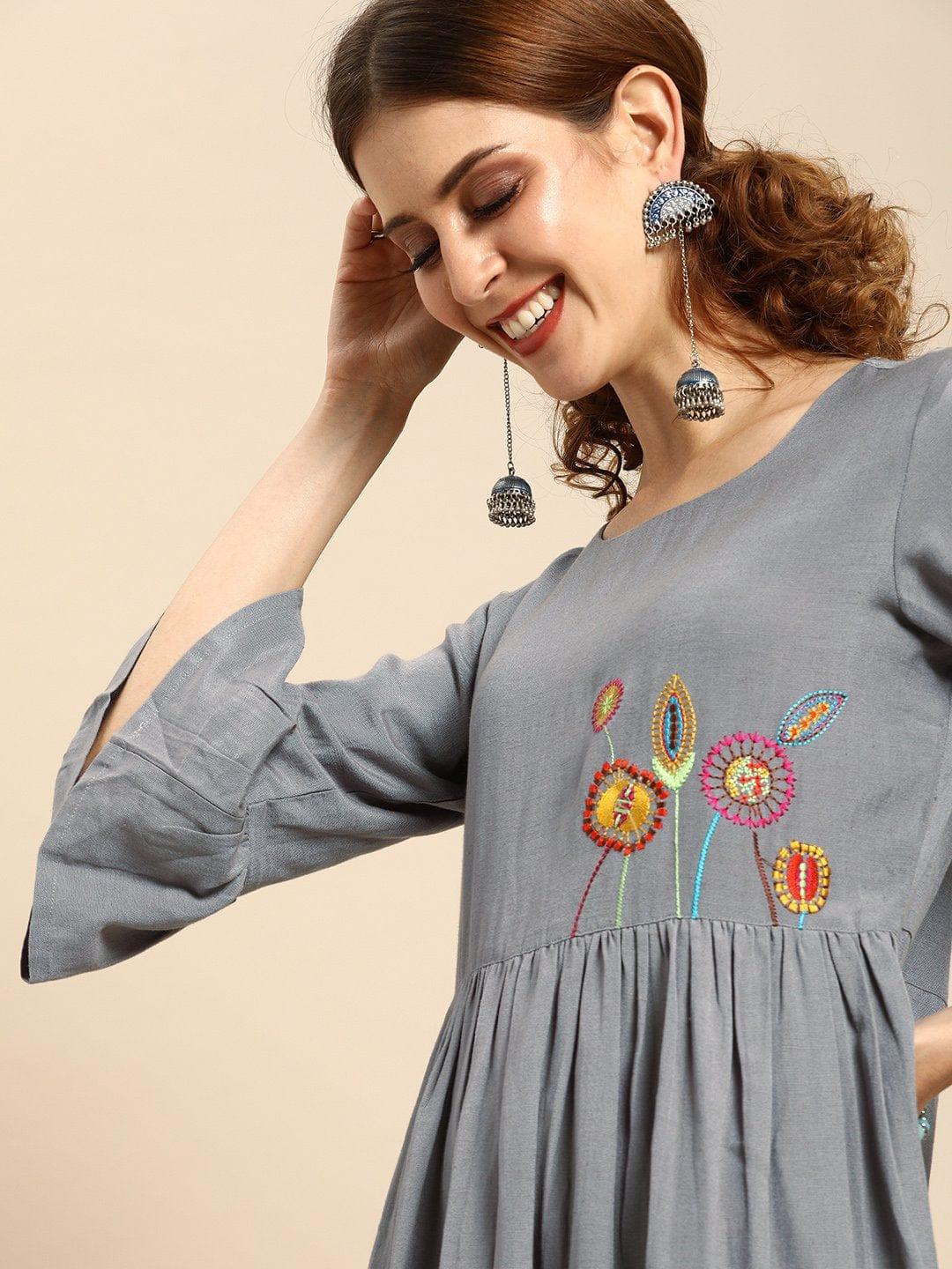 Grey With Multi Color Floral Embroidered Dress - Indiakreations