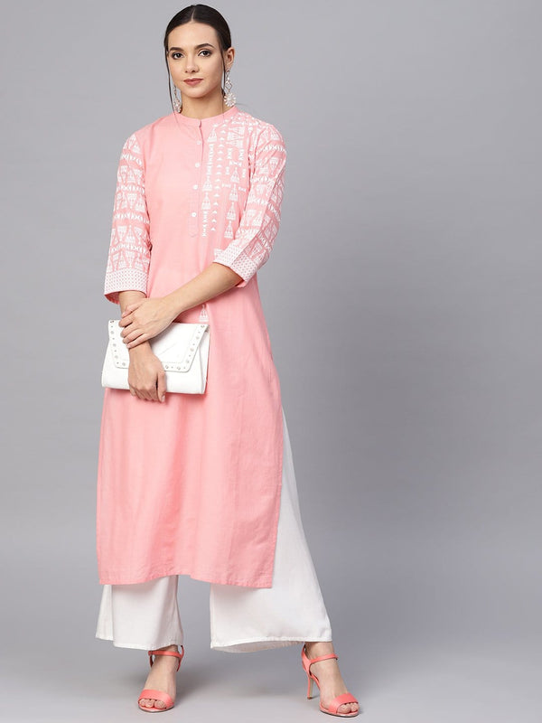 Women's Peach-Coloured Yoke Design Straight Kurta - Varanga