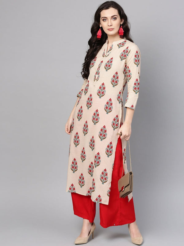 Women's Beige & Red Printed Straight Kurta - Varanga