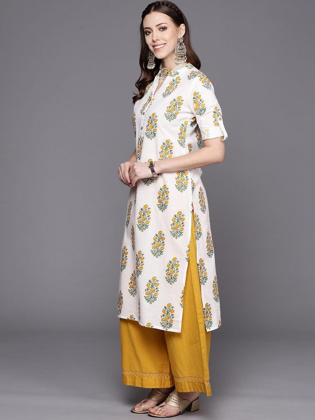 Varanga Women White Yellow Ethnic Motifs Printed Kurta - Indiakreations