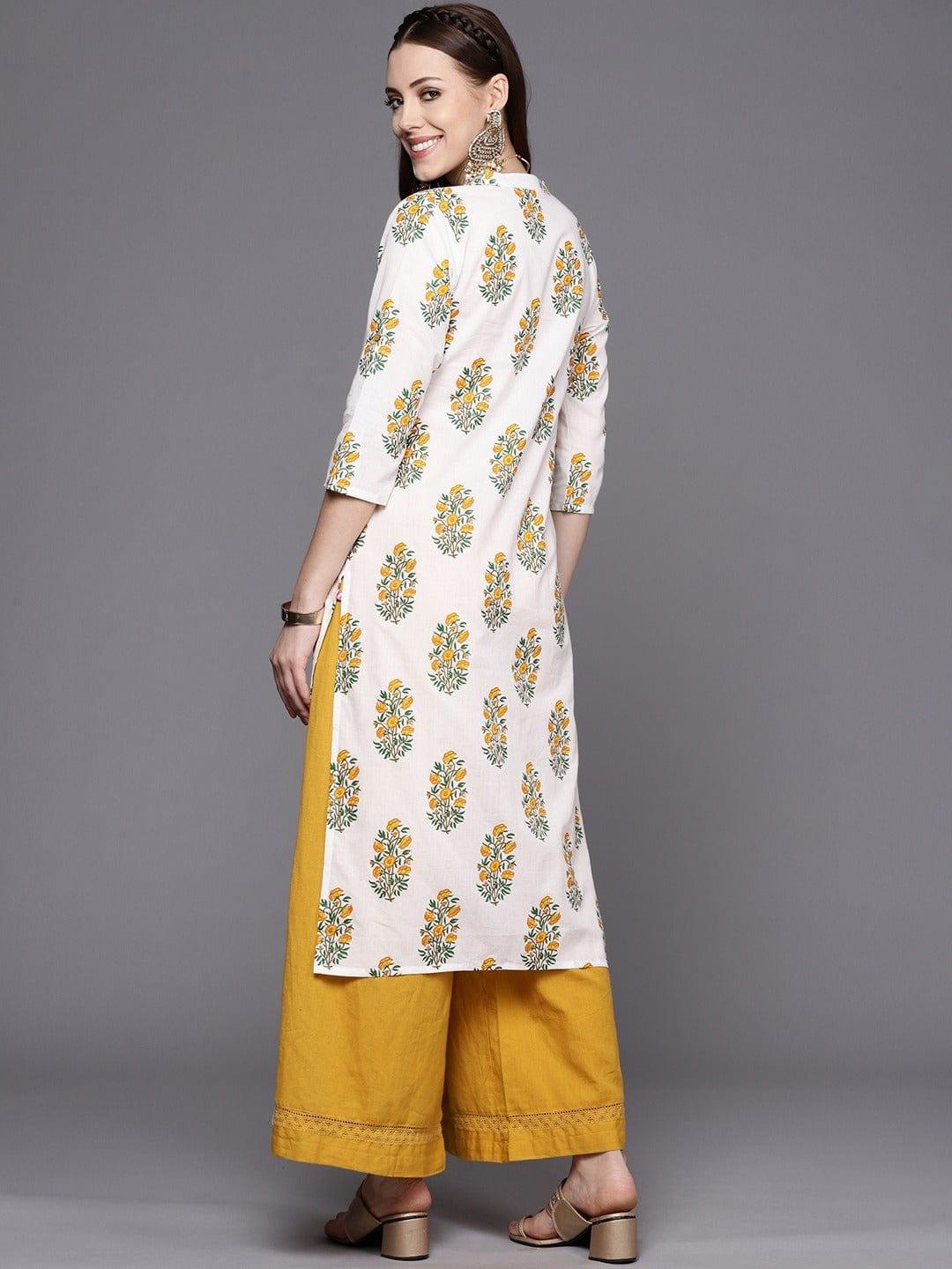 Varanga Women White Yellow Ethnic Motifs Printed Kurta - Indiakreations