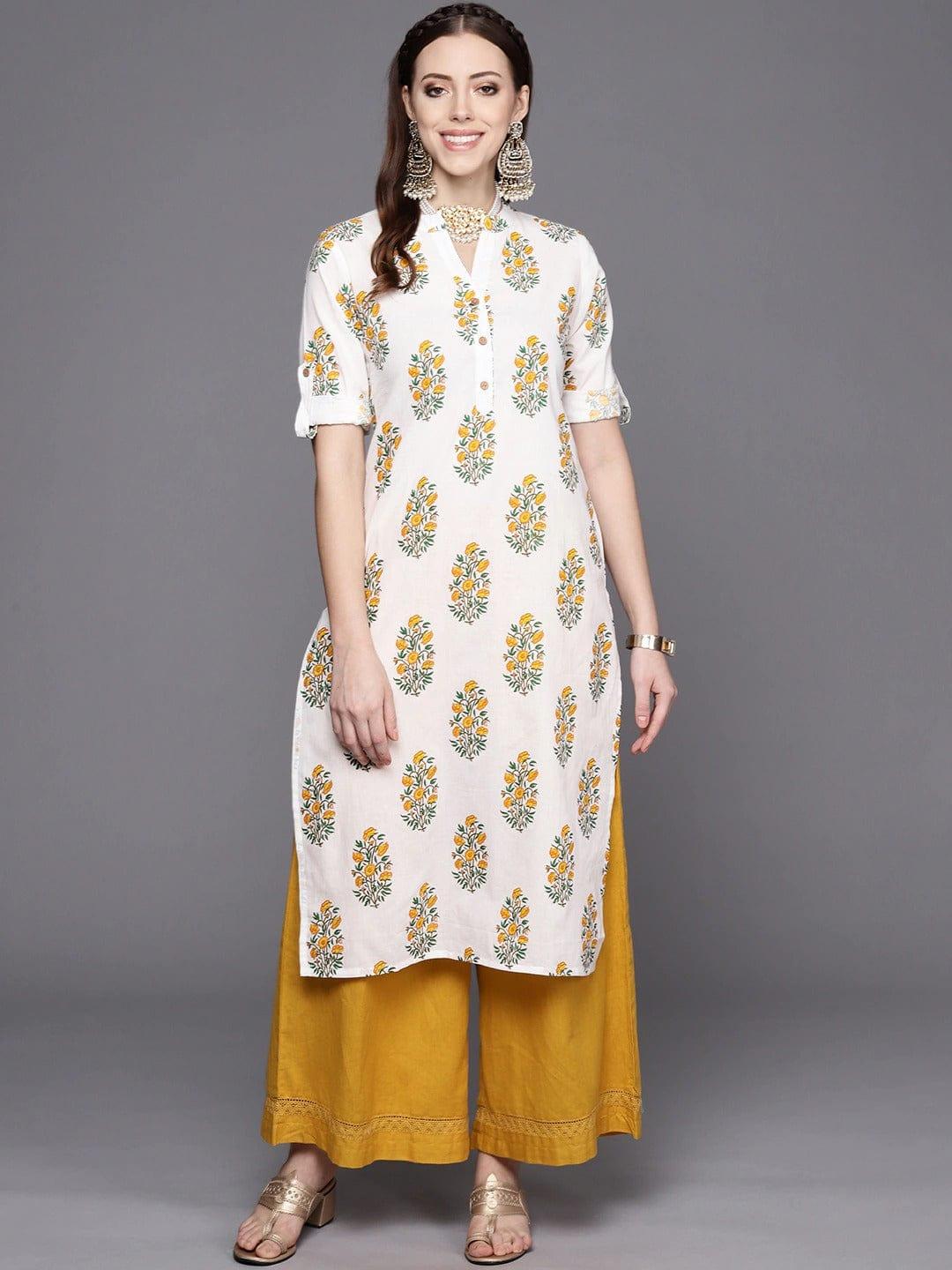 Varanga Women White Yellow Ethnic Motifs Printed Kurta - Indiakreations