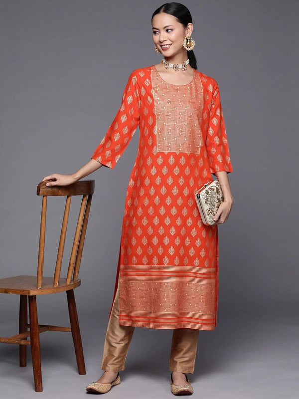 Varanga Women Orange Golden Ethnic Motifs Printed Kurta - Indiakreations