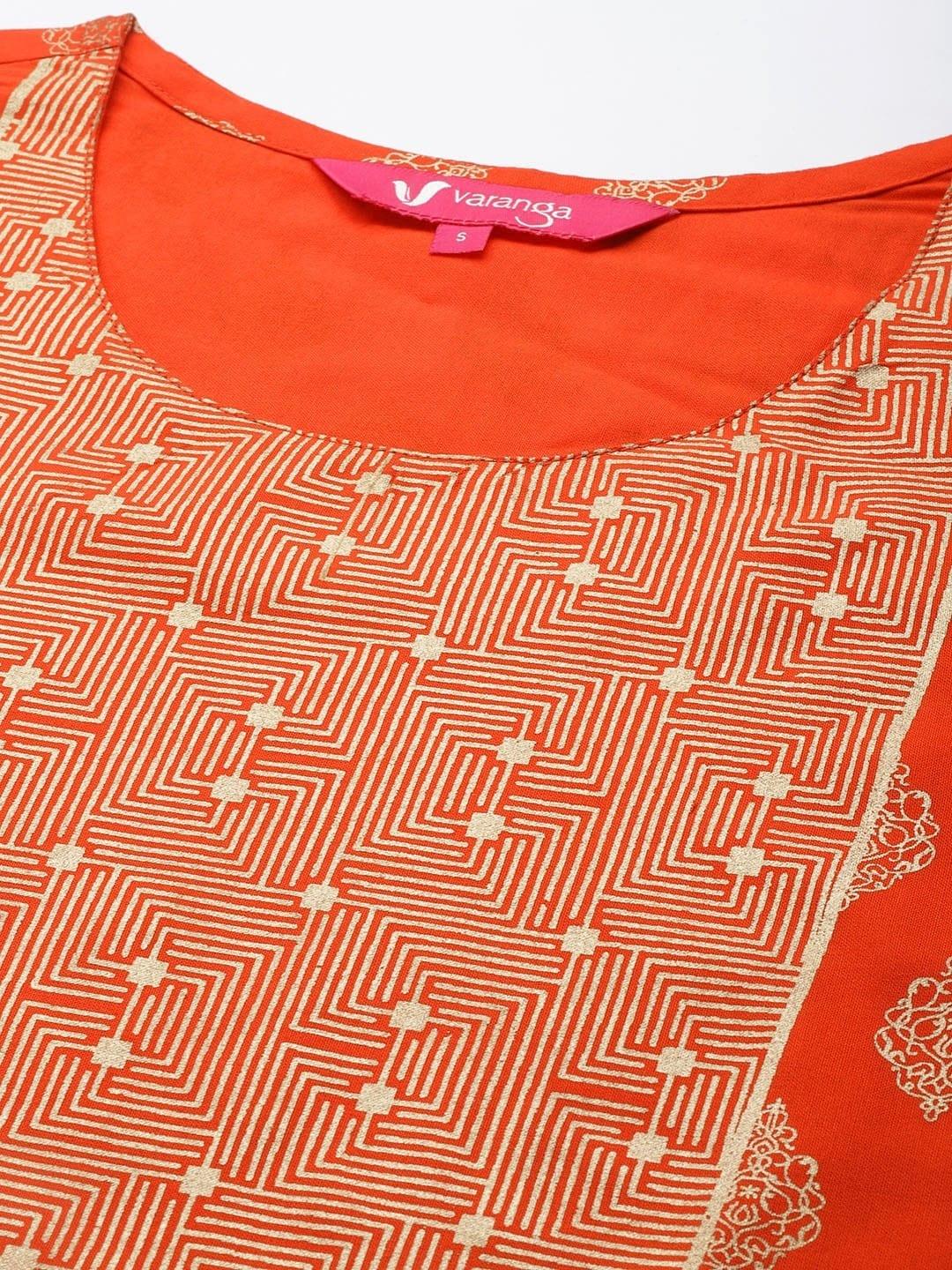 Varanga Women Orange Golden Ethnic Motifs Printed Kurta - Indiakreations