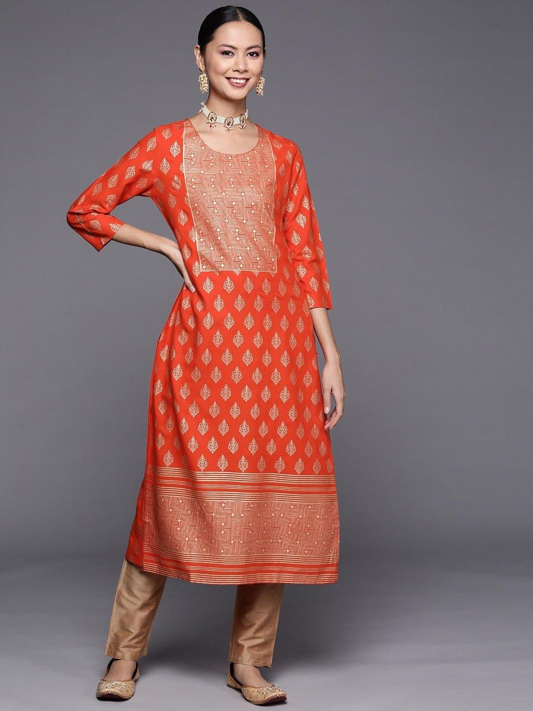 Varanga Women Orange Golden Ethnic Motifs Printed Kurta - Indiakreations