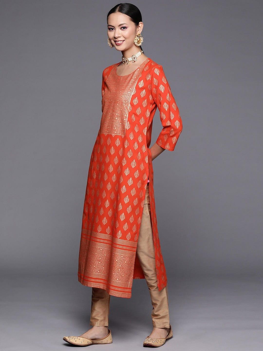 Varanga Women Orange Golden Ethnic Motifs Printed Kurta - Indiakreations