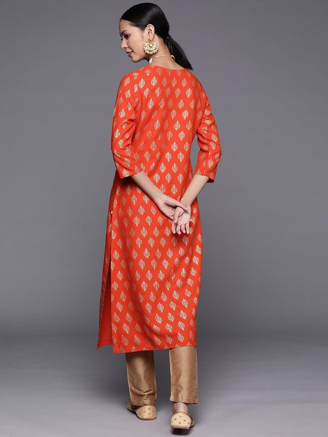 Varanga Women Orange Golden Ethnic Motifs Printed Kurta - Indiakreations